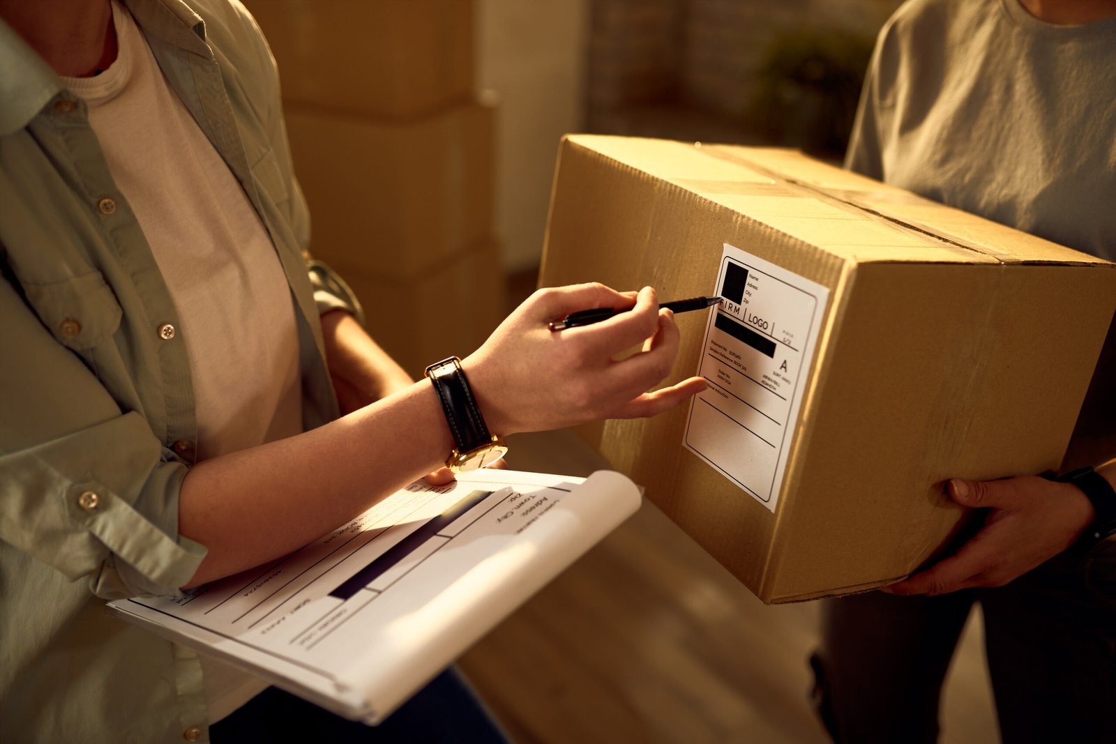 Two delivery women cooperating while checking data on the packages in the office.